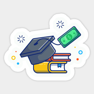 Scholarship, Graduation Cap, Money And Books Cartoon Sticker